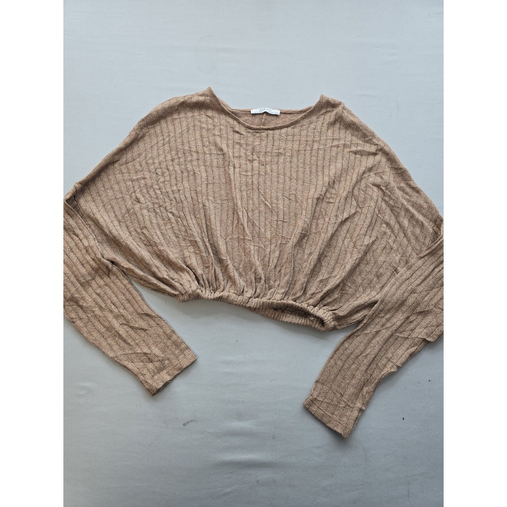 Zara Basic Metallic Knit Crop Top Bronze Gold Ribbed Long Sleeve Blouson Small